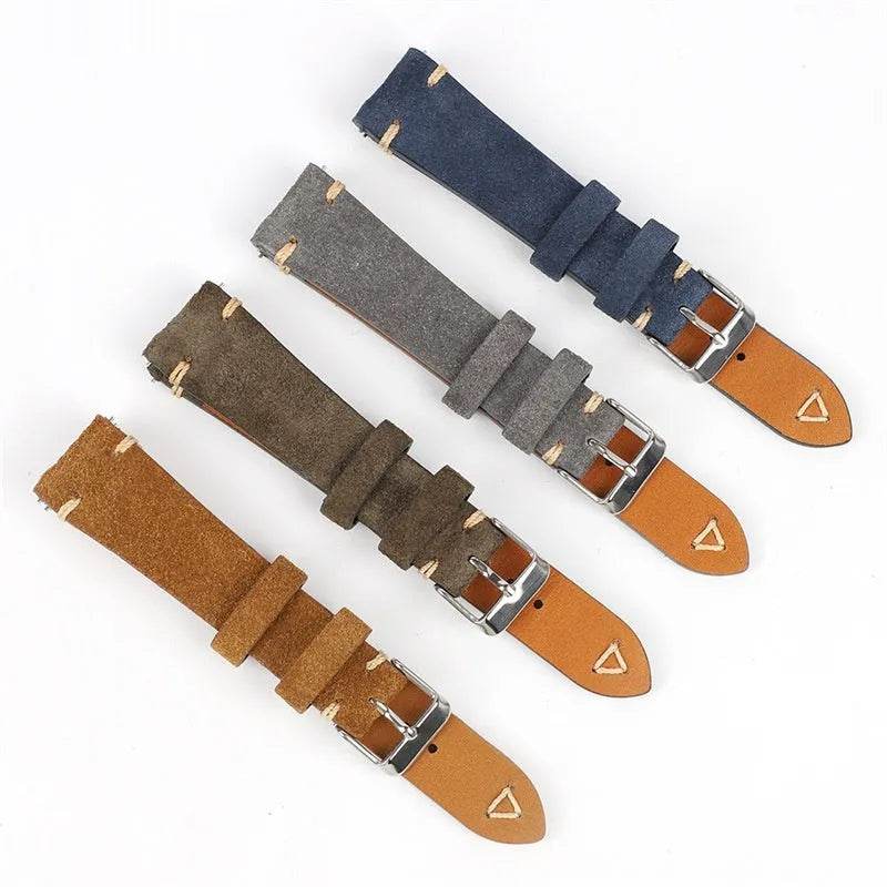 Genuine suede leather watch strap in brown, blue, gray, and Army Green colours for 20mm and 22mm watches