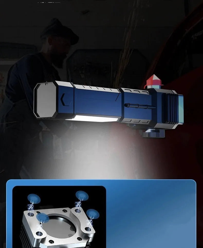 Silver coloured portable LED emergency work light and power bank with strong beam flashlight.