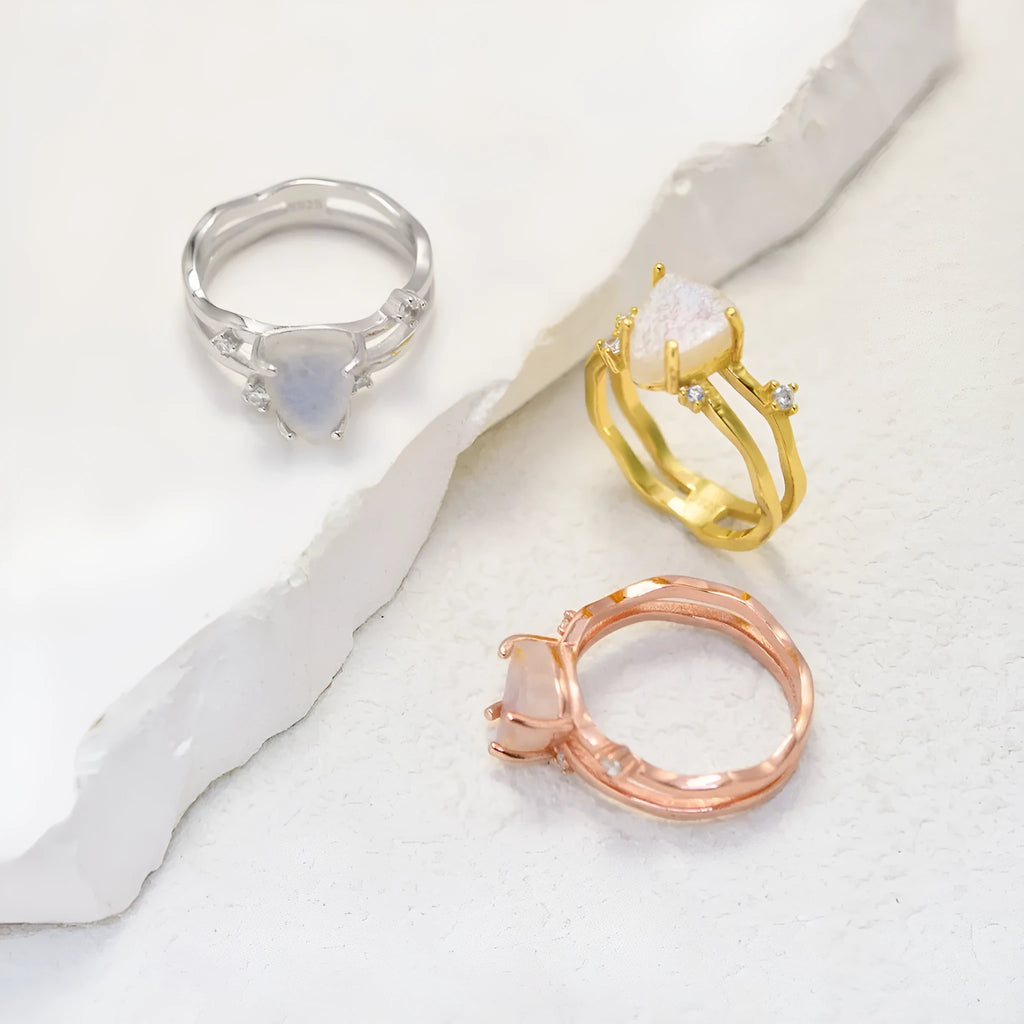S925 sterling silver ring with an irregular triangle moonstone in rose gold, white gold, or yellow gold finish.