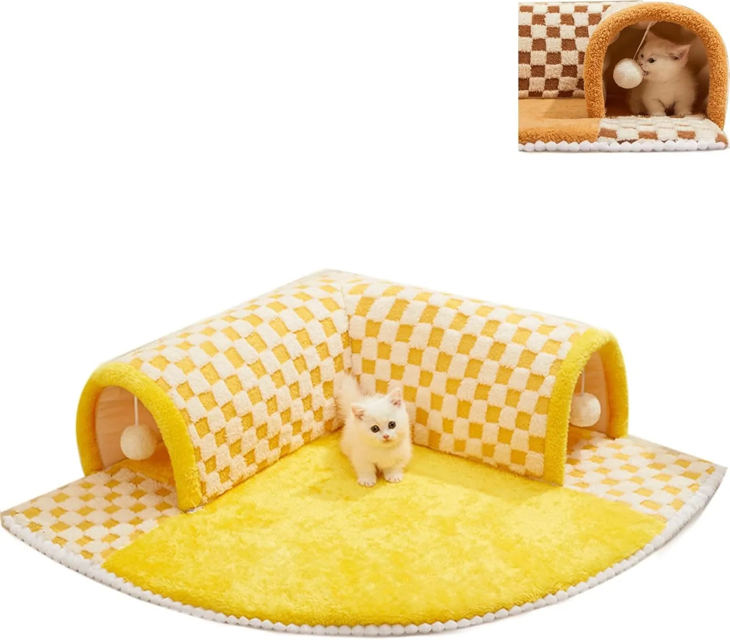Plush plaid cat tunnel bed with central sleeping mat and non-slip bottom for indoor cats