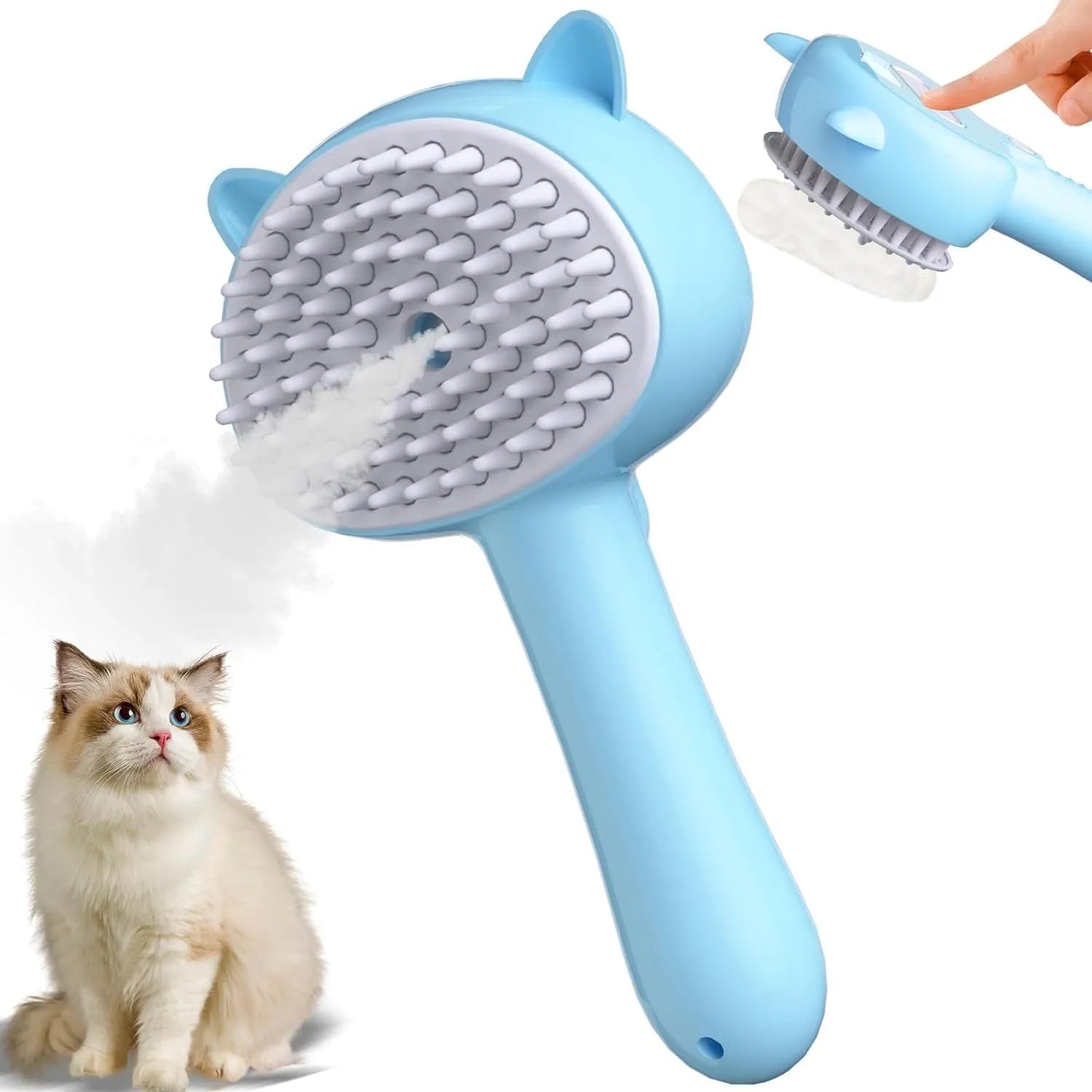 Blue cat steam brush with rubber bristles and release button for pet grooming