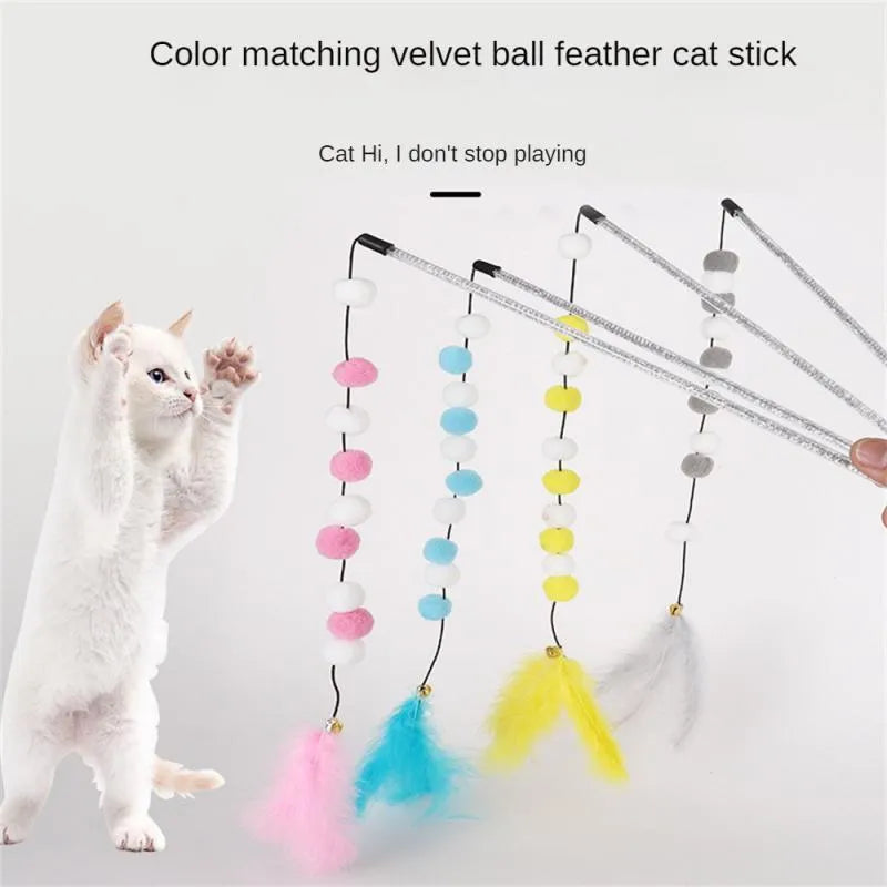 31cm long cat teaser interactive toy rod with bell and pompon feather attachments