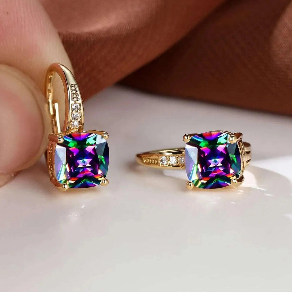 Square geometric ear clips with colourful moissanite stone inlays and gold electroplated finish