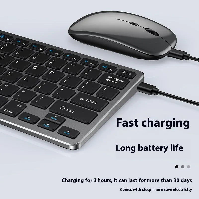 Ultra-thin wireless keyboard and mouse combo in black, gun colour, or silver with charging cable and receiver
