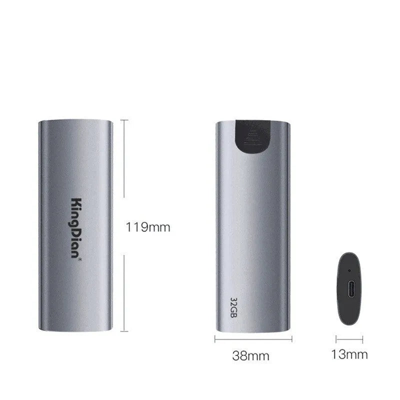 Gray USB3.0 mobile SSD external hard drive for direct phone connection measuring 119mm long