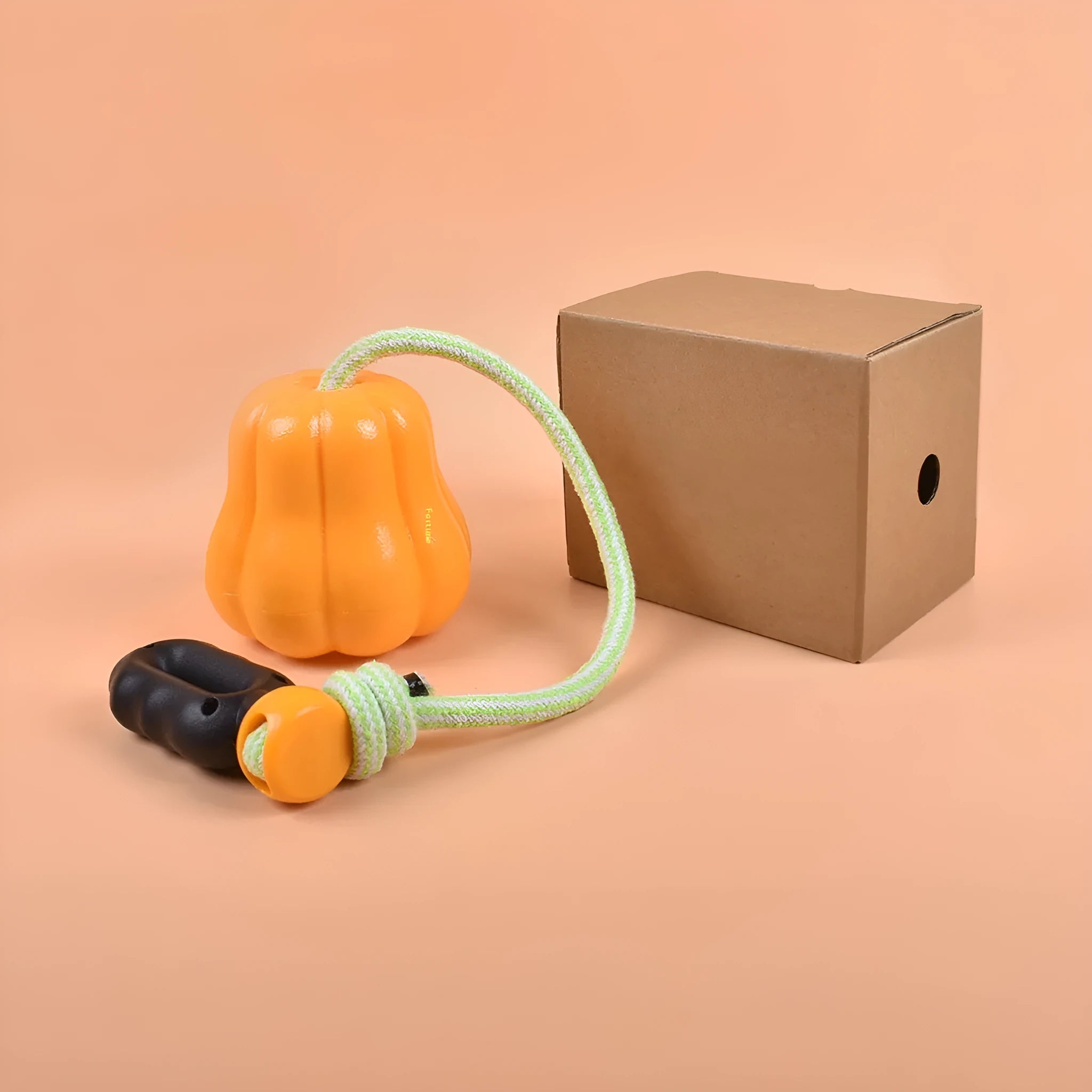 Orange plastic dog toy with rope attachment for outdoor throwing games