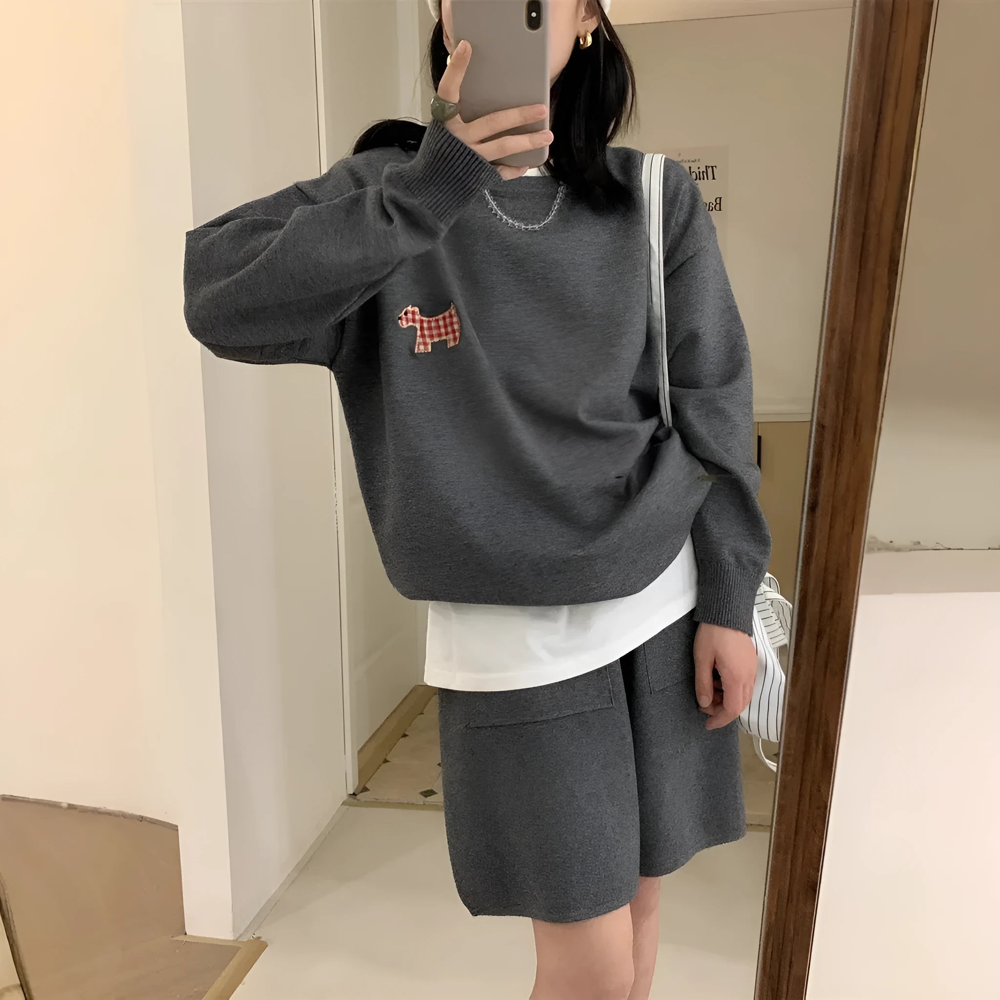 Women's casual knitted sweater and shorts suit in imitation cashmere, Japanese Korean style with embroidery.