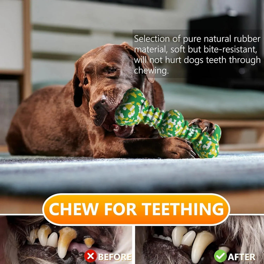 Natural rubber dog chew toy in camouflage colours for medium and large aggressive chewers