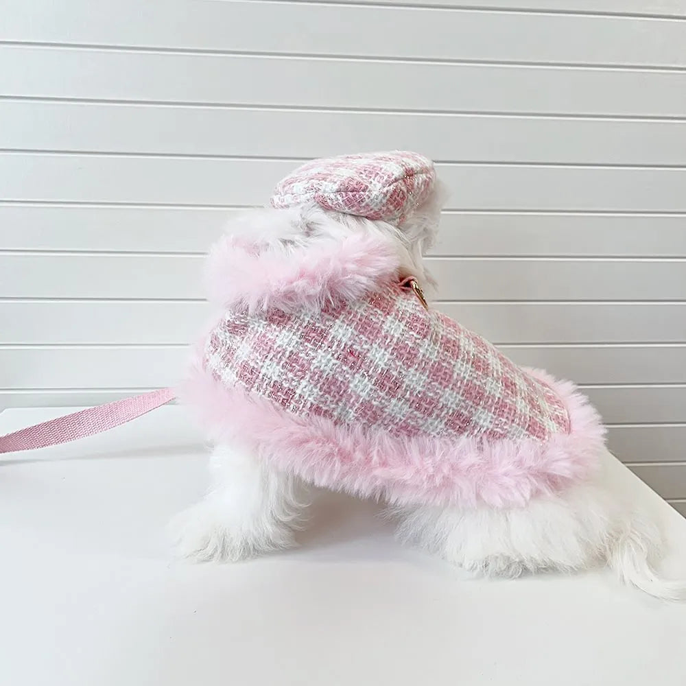 Pink polyester cat costume set with beret, cloak featuring hand holding rope, and drawstring