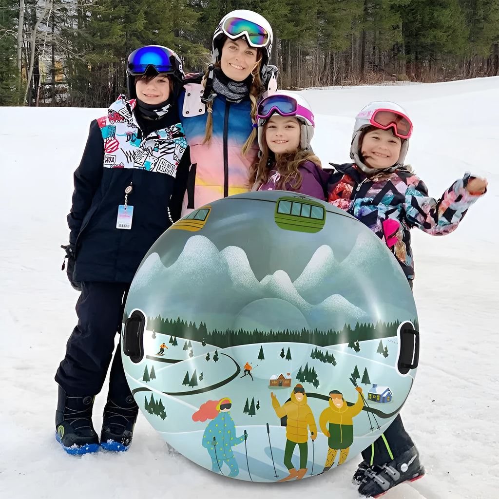 PVC winter ski ring toy in red, blue, or mountain print for outdoor snow play.