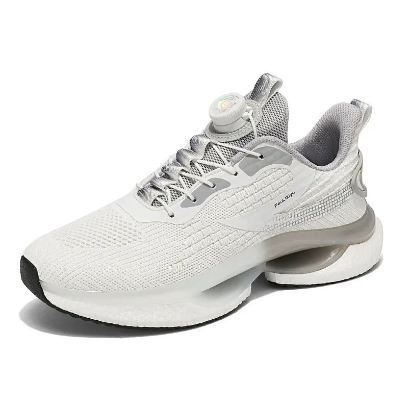 Men's white rotating buckle running shoe with Fly-knit mesh upper and low-top design.