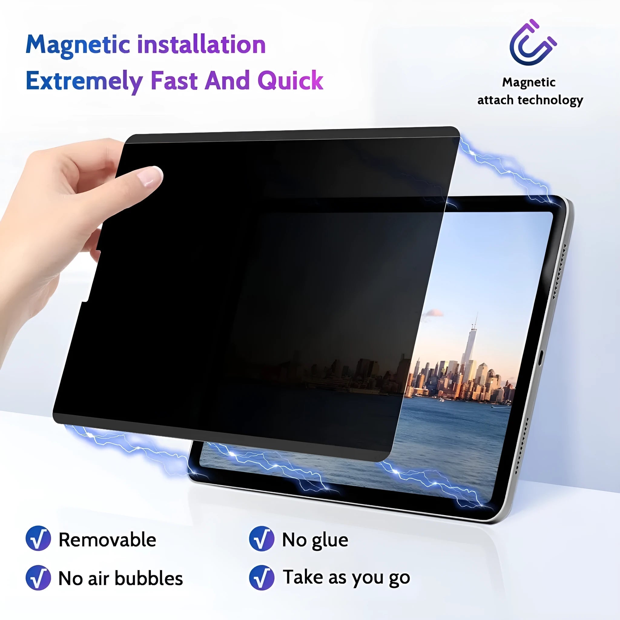 Magnetic iPad privacy screen protector with storage clip on an iPad Pro