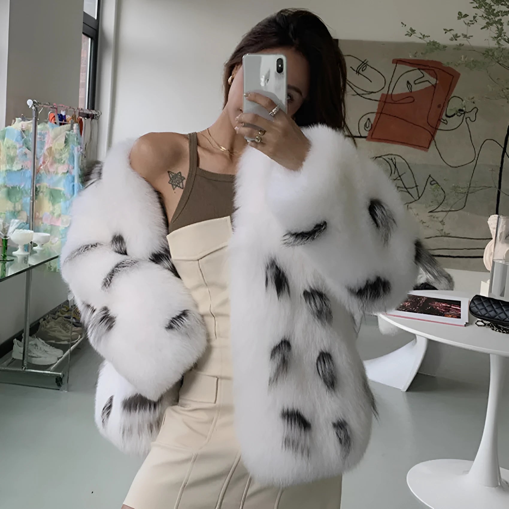 Women's black and white raccoon style faux fur coat in Korean slim-fit design with short 40cm length