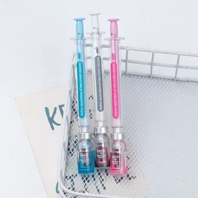 Vaccine design gel pen with black 0.5mm needle point refill and plastic construction
