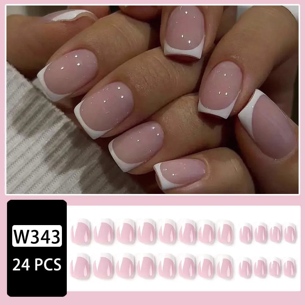 24 white acrylic fake nails with black plaid pattern, artificial nail tips for manicure