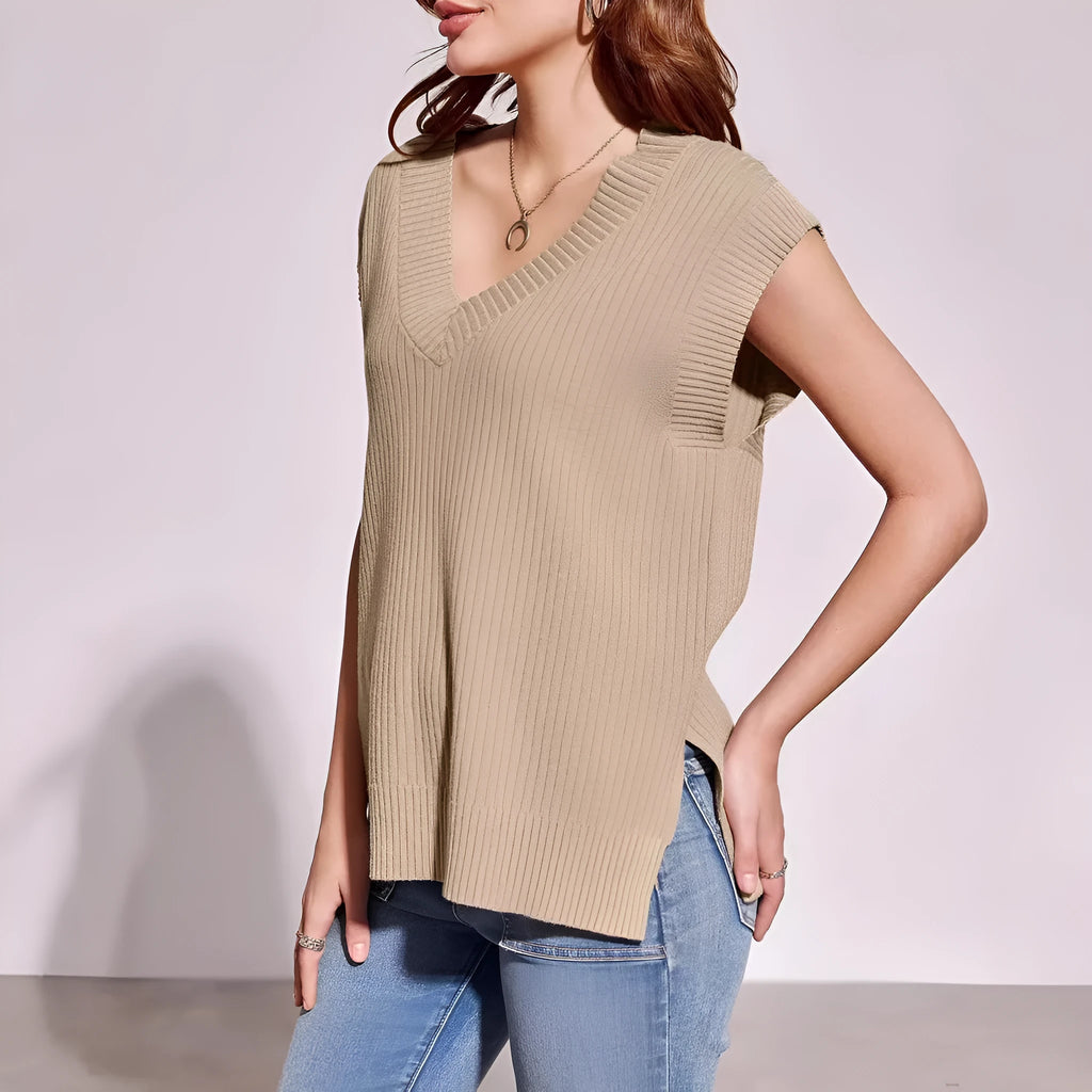 Camel and white V-neck sleeveless pullover vest with loose fit and striped or plaid patterns