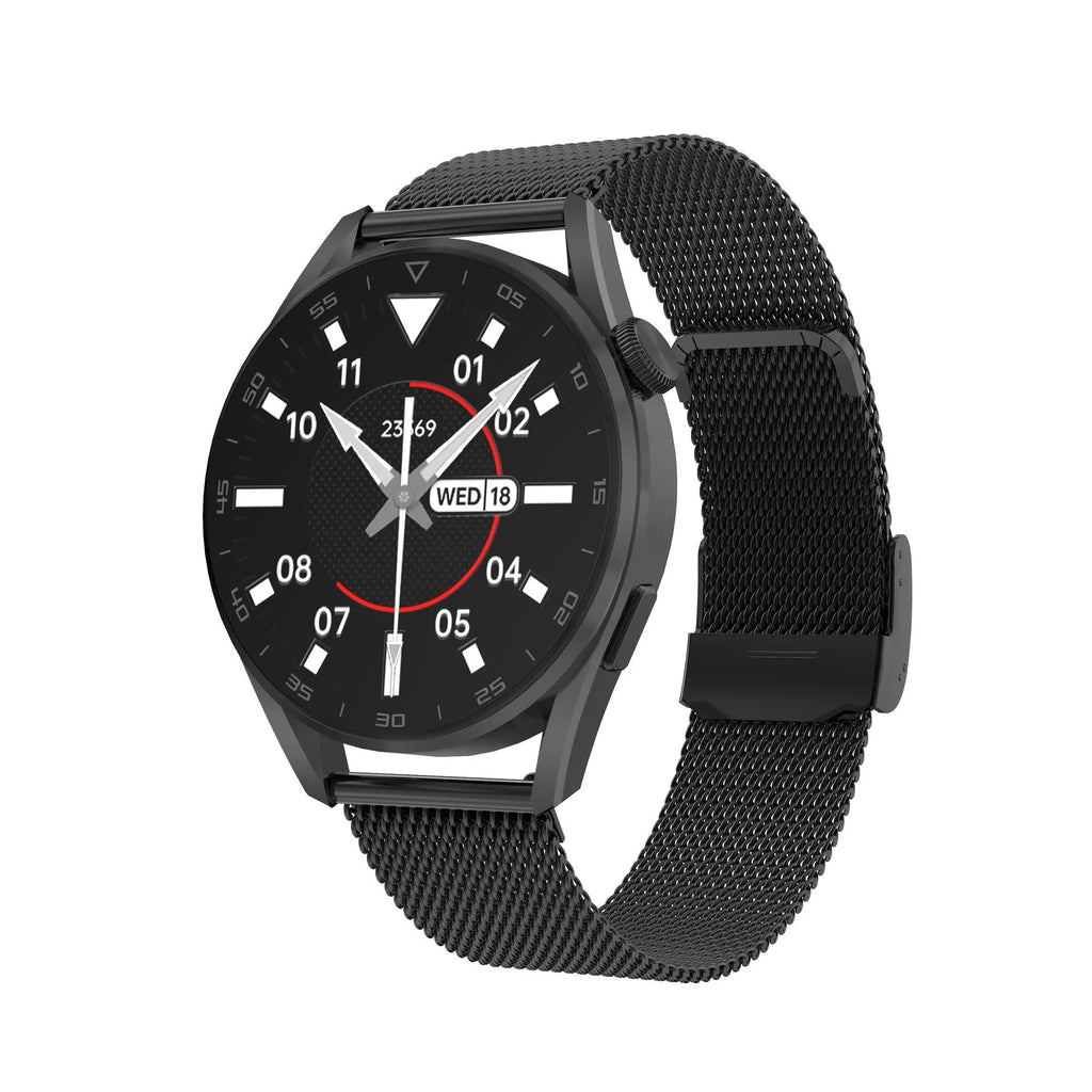 1.3 inch Bluetooth smart watch with metal strap showing call and QR scan features on display