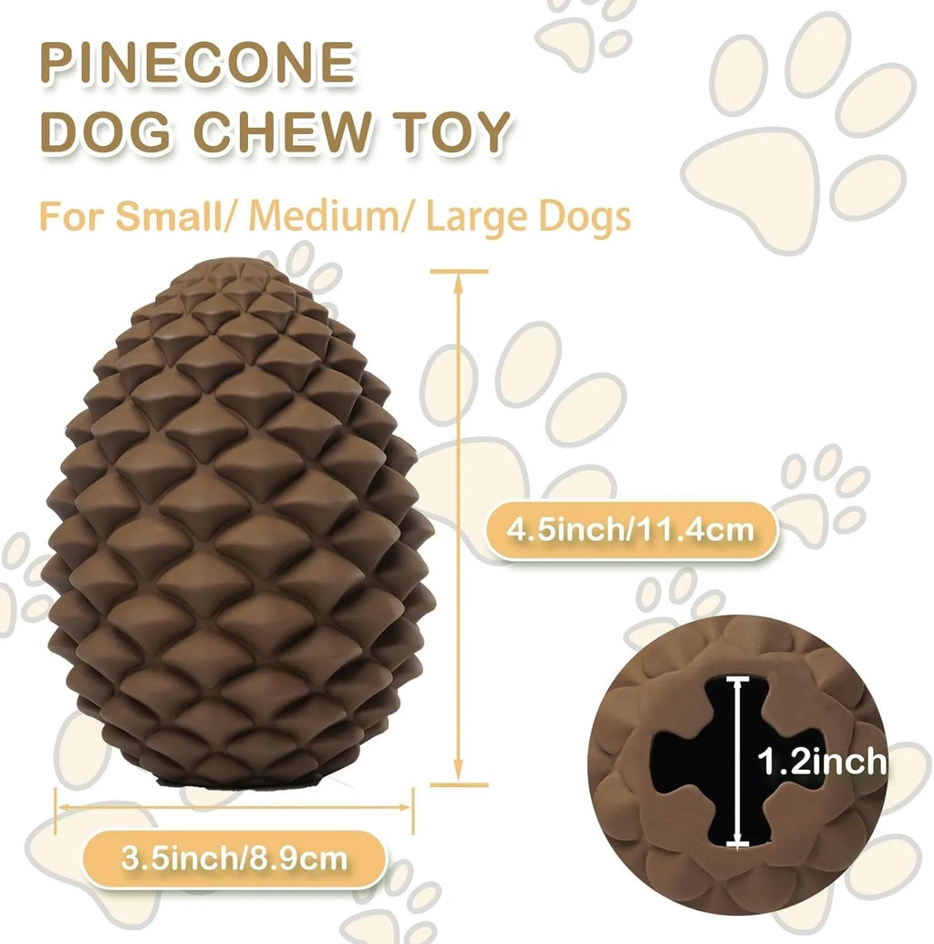 Yellow pine cone shaped rubber dog chew toy with treat dispenser hole