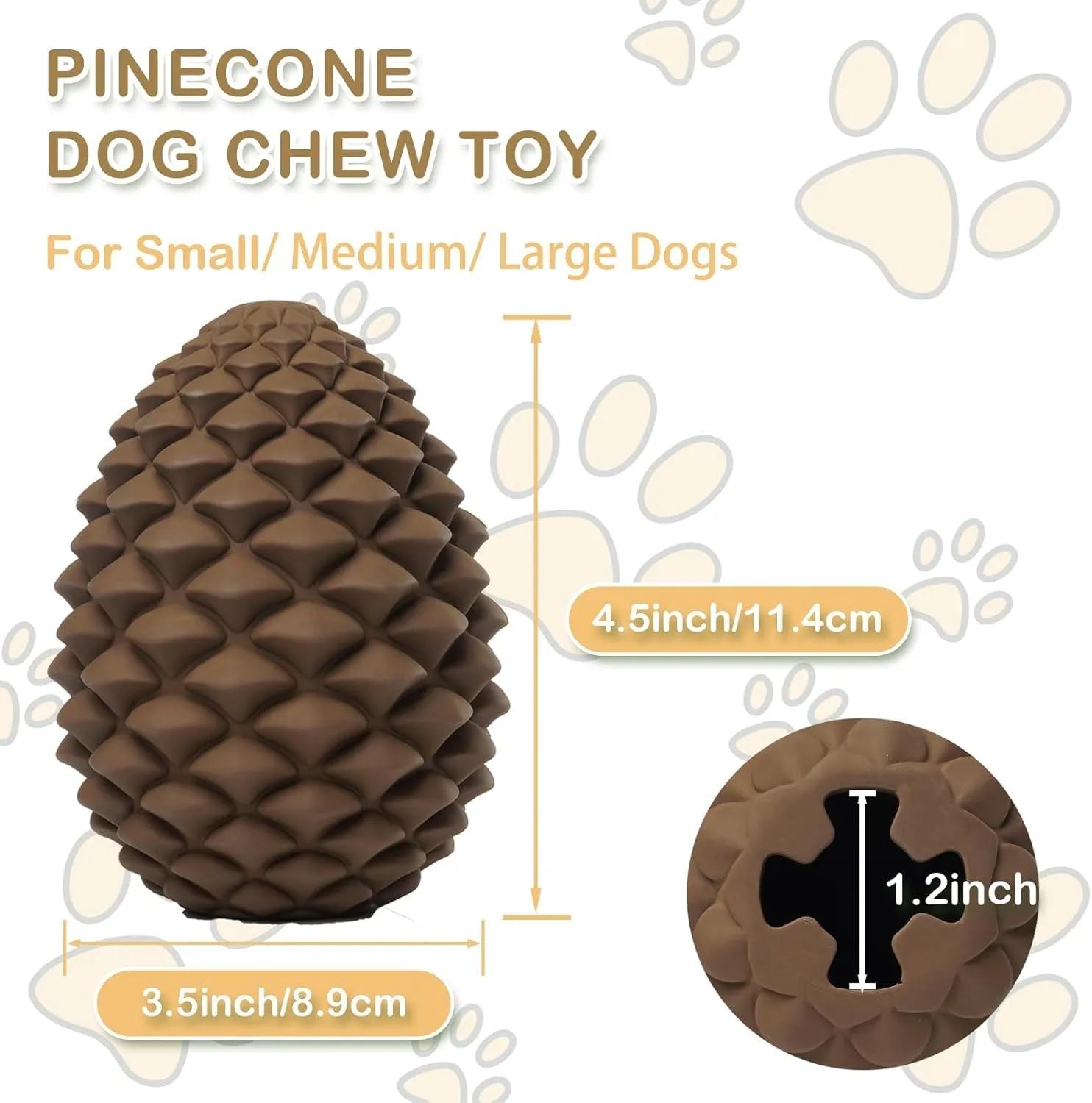 Yellow pine cone shaped rubber dog chew toy with treat dispenser hole