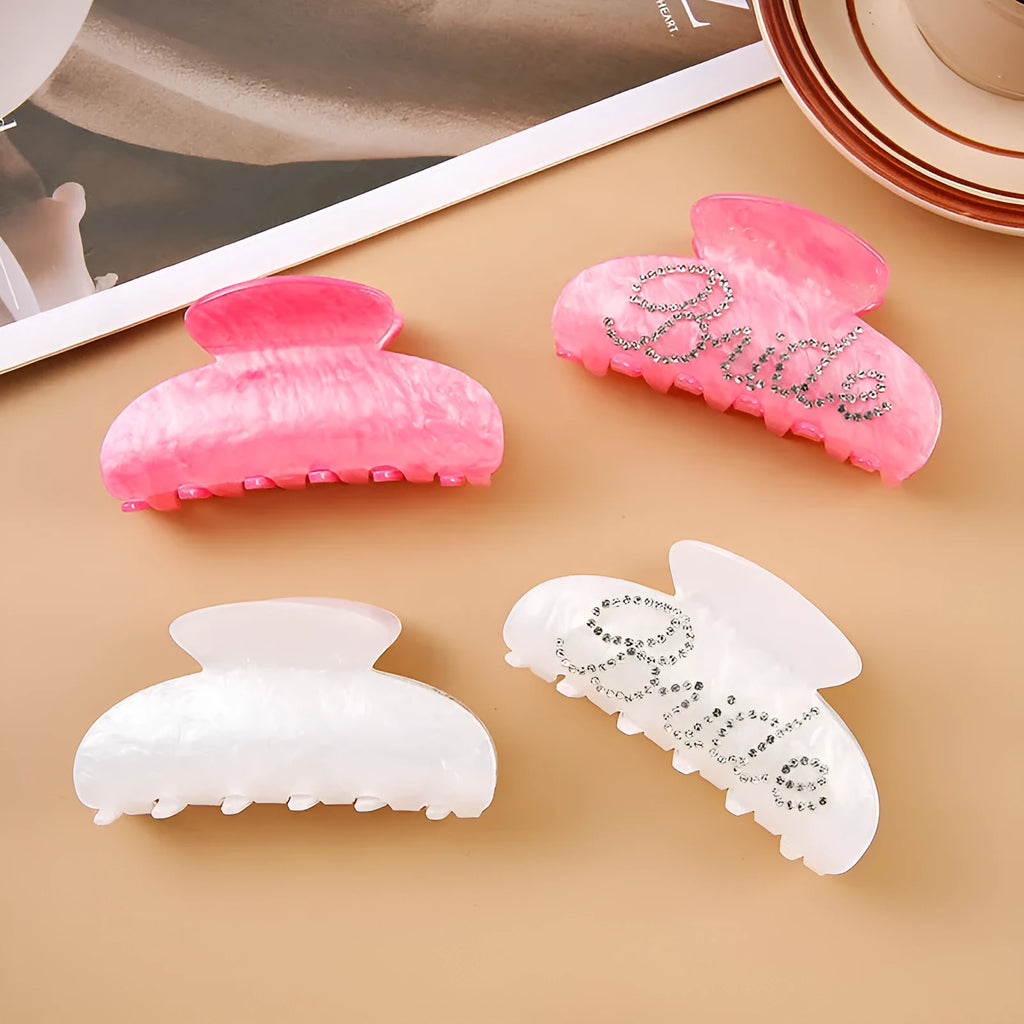 Pink and white 10cm acrylic hair barrettes with shark clip backs and diamond spot drill decoration