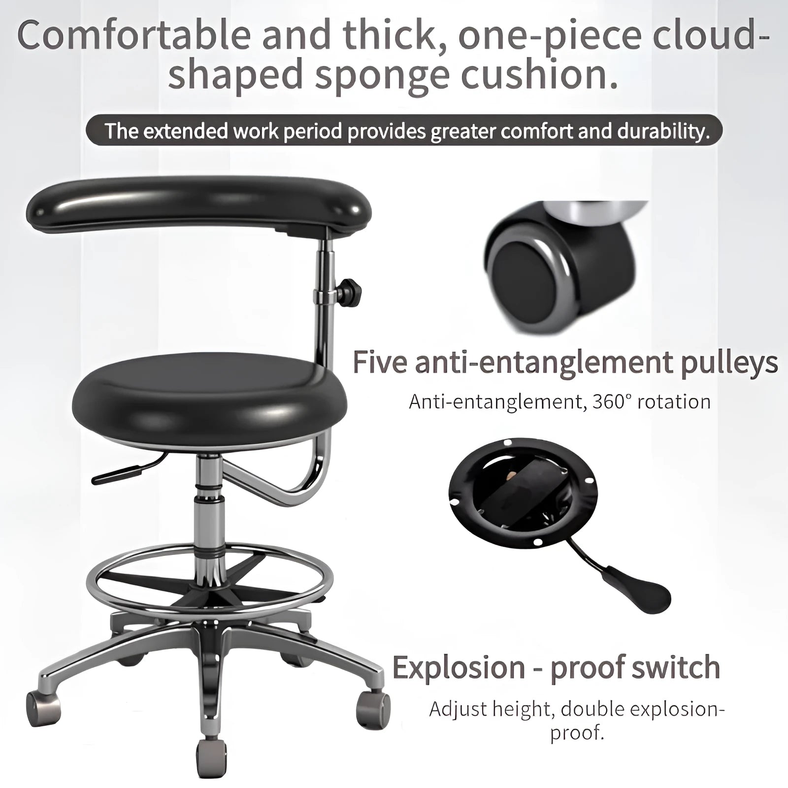 Black leather dental hospital chair lift for dentist and nurse clinical seating