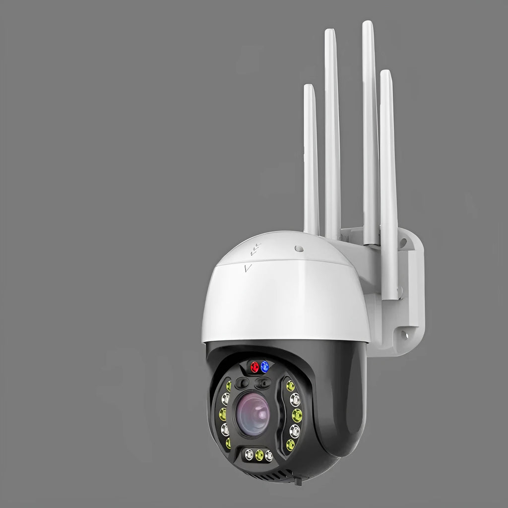 Outdoor dome security camera with 360-degree rotation on a wall, showing its compact ABS housing and lens.