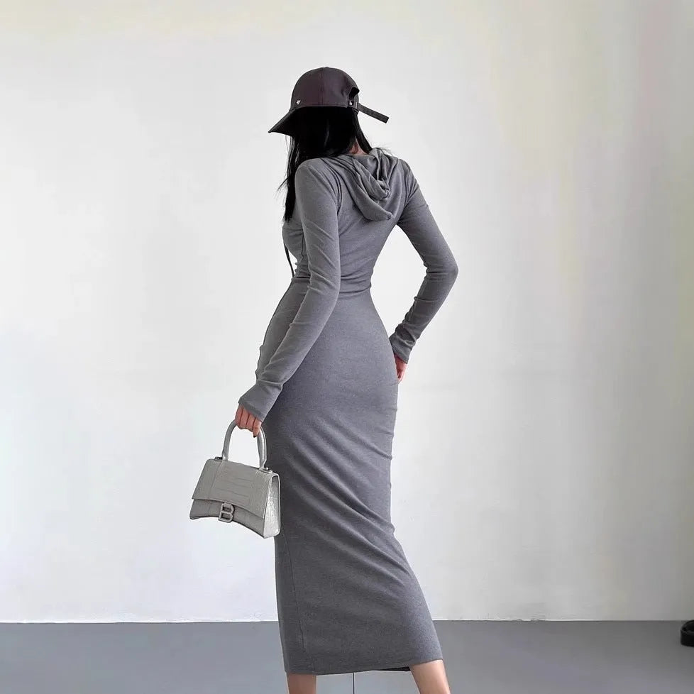 Women's light grey hooded long sleeve sheath dress with high waist on a model