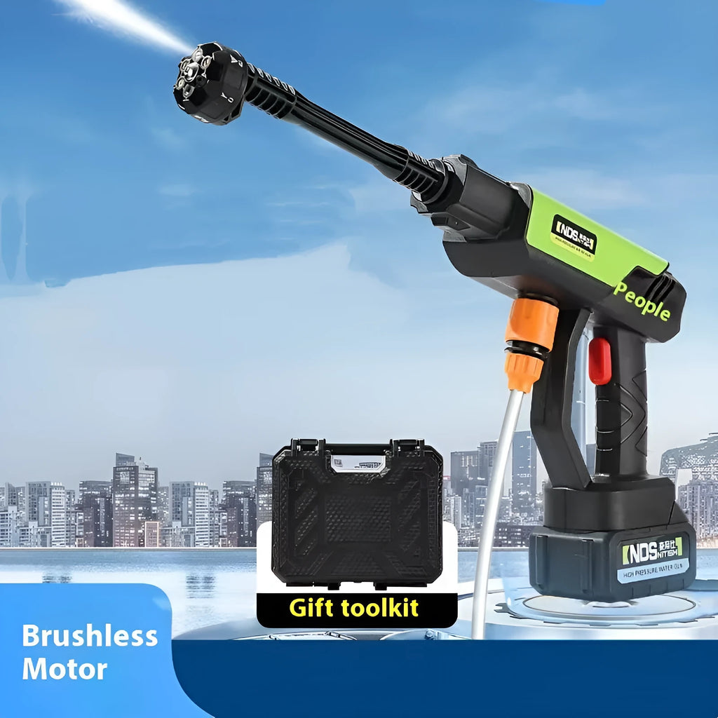 Green wireless high-pressure water gun with metal nozzle and battery pack for portable cleaning