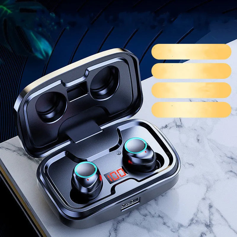 Wireless Bluetooth 5.0 in-ear headphones in black colour showing earpieces and charging case