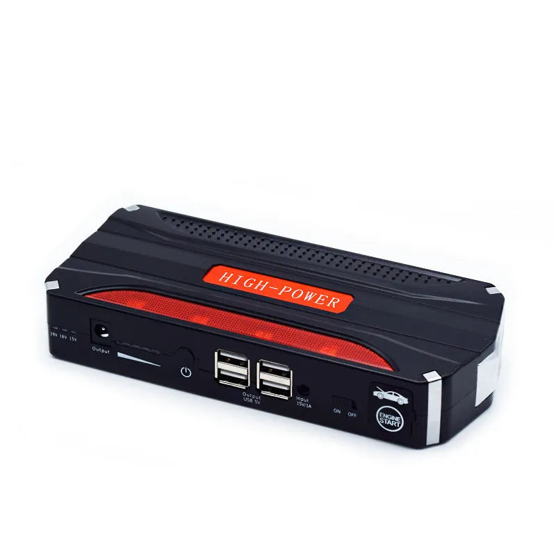 Black red 12V vehicle emergency starting power supply with 7800mAh battery capacity measuring 178x80x30mm