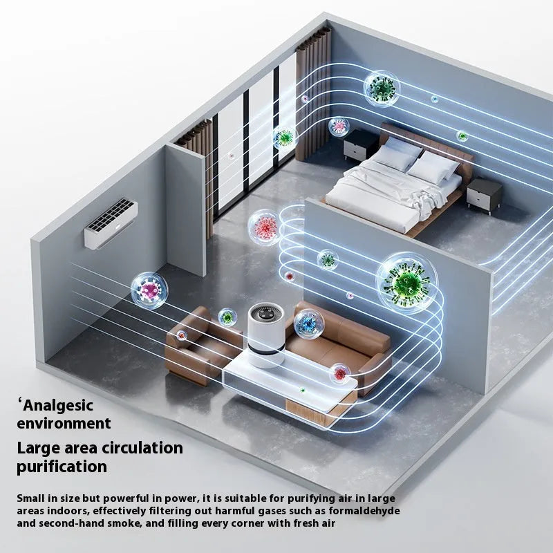 White desktop air purifier model EJ-JHQ101 with USB cable on a table.