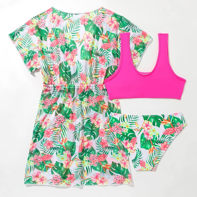 Girls' two-piece floral swimsuit in high elasticity polyester fabric showing front view