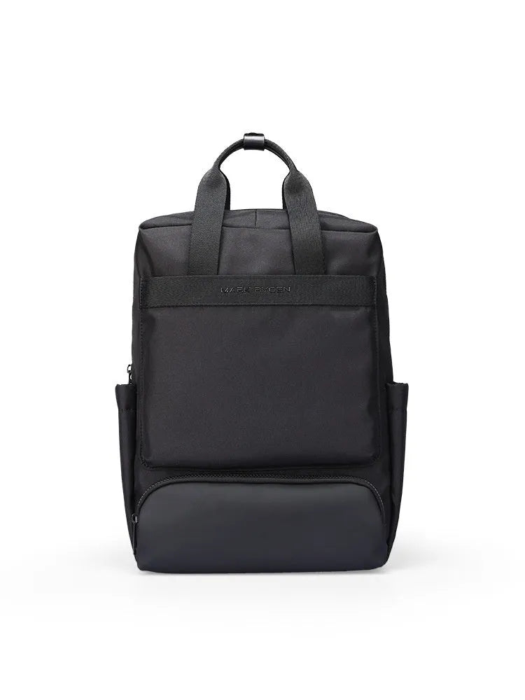 Black Oxford cloth computer backpack with a polyester lining, showing storage compartments.