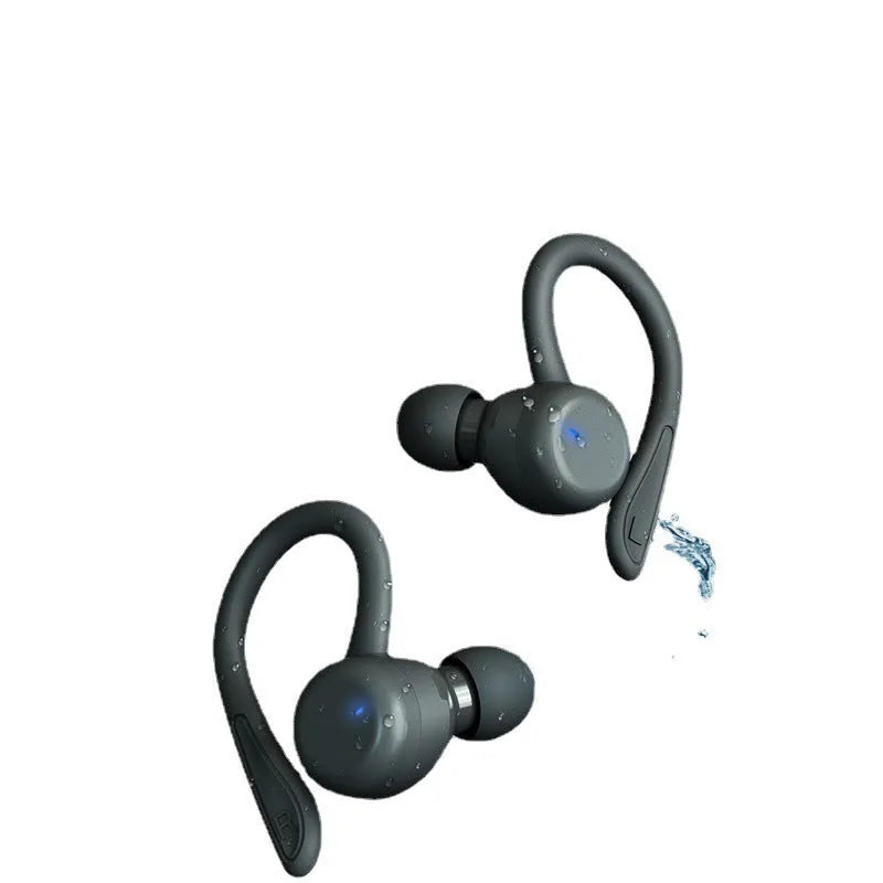 Black hanging ear true wireless headphones with removable ear hooks and multiple earbud sizes