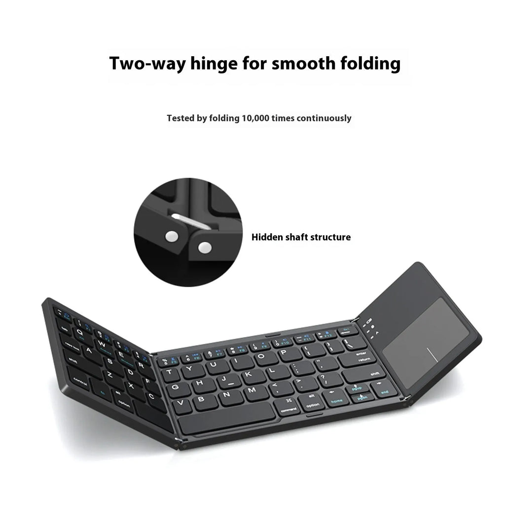 A closed black mini tri-fold Bluetooth keyboard showing its compact, slim 0.8cm profile.
