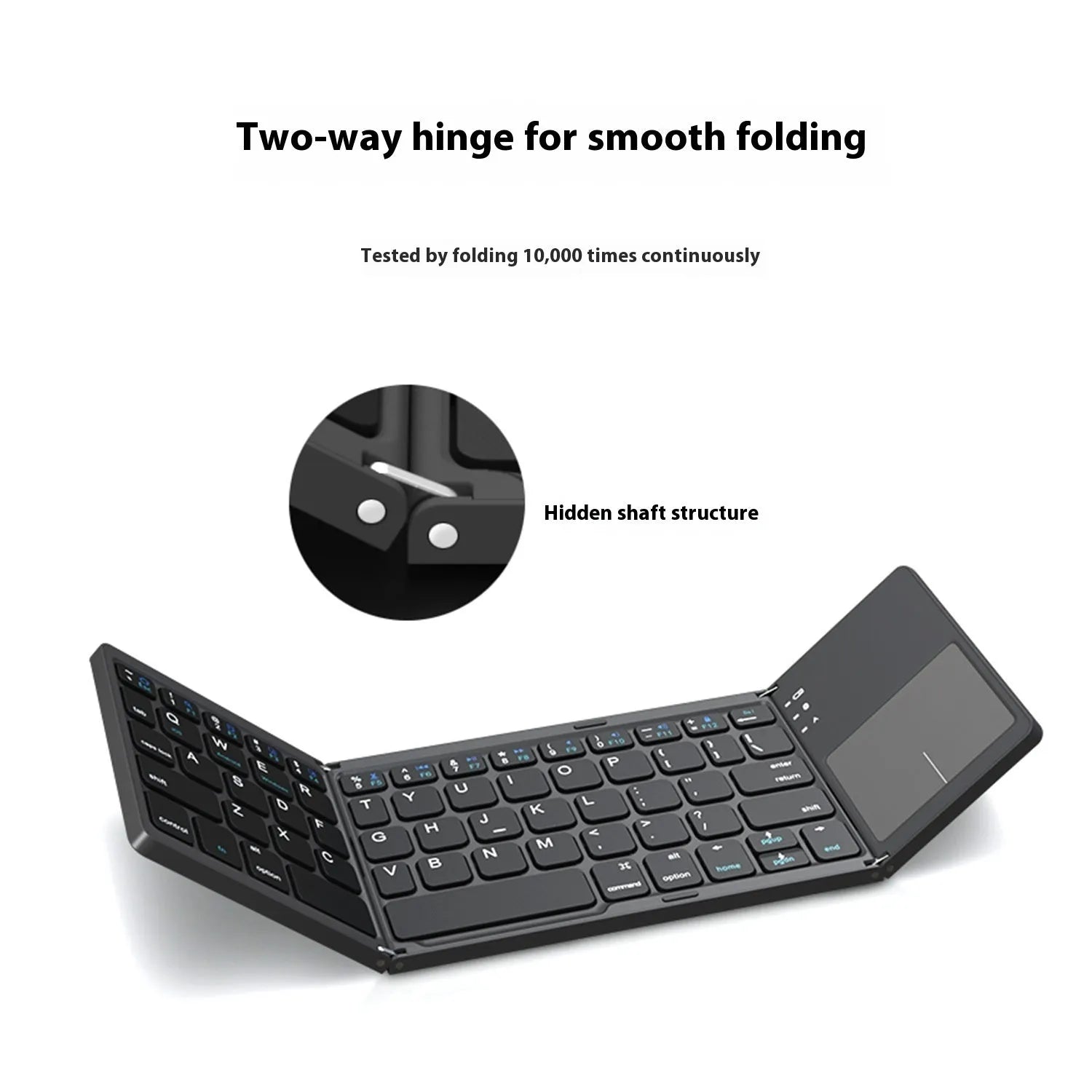 A closed black mini tri-fold Bluetooth keyboard showing its compact, slim 0.8cm profile.