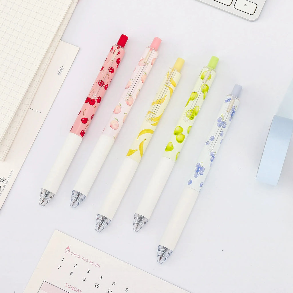 Three fruit scented pressurised pens with 0.5mm black refills and replaceable cartridges