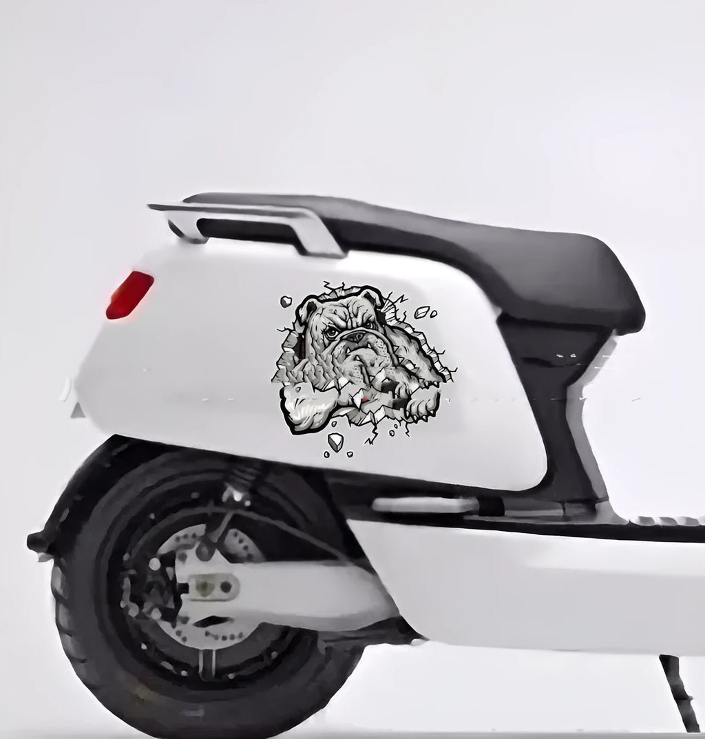 Grey dog pattern motorcycle bumper sticker measuring 17x17cm with custom sizing option