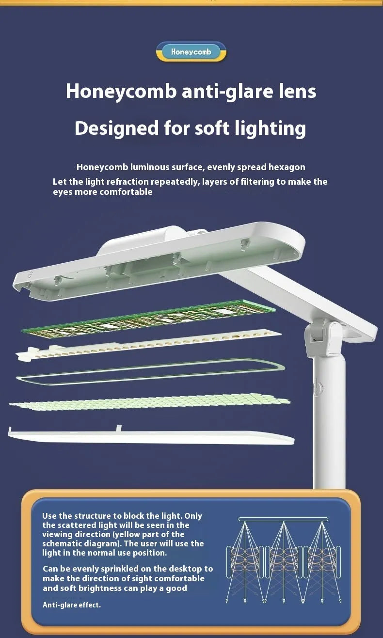 Adjustable desk lamp with a small attached shelf, showing three light temperature settings and a rechargeable battery.
