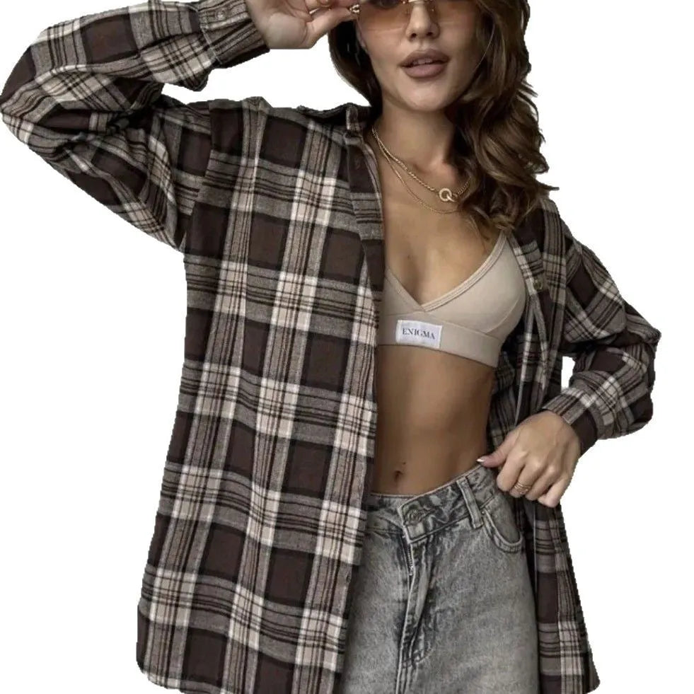 Women's dark brown striped long sleeve shirt with retro styling and cotton fabric