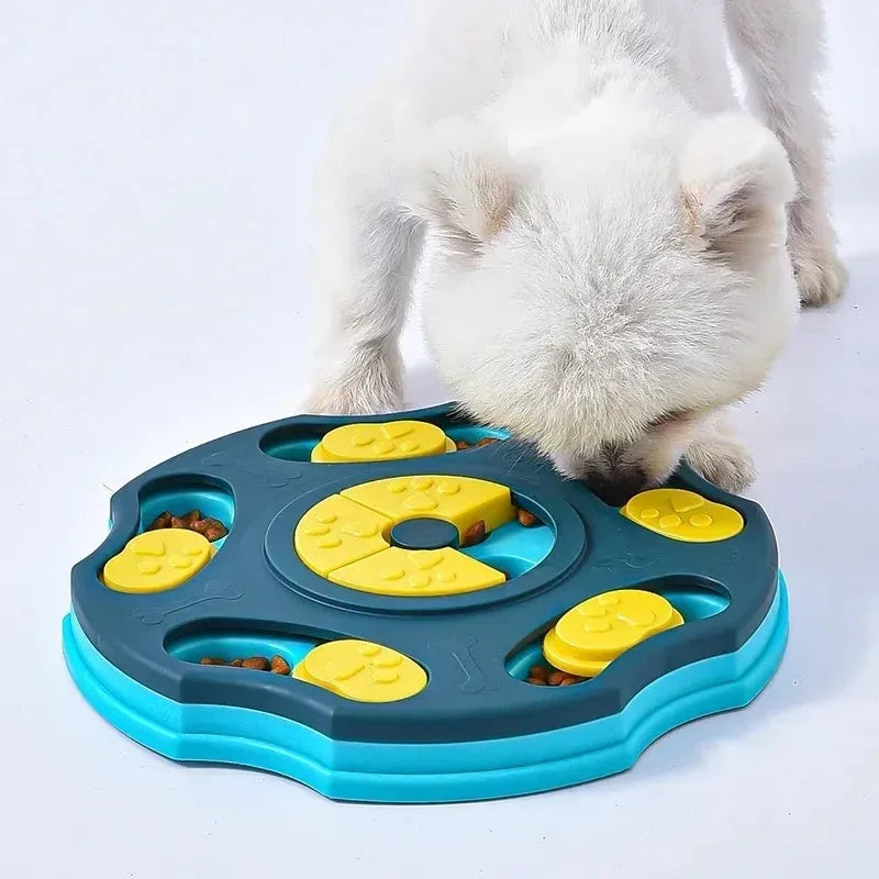 Blue dog puzzle toy food feeder bowl with interactive game elements for aggressive chewers