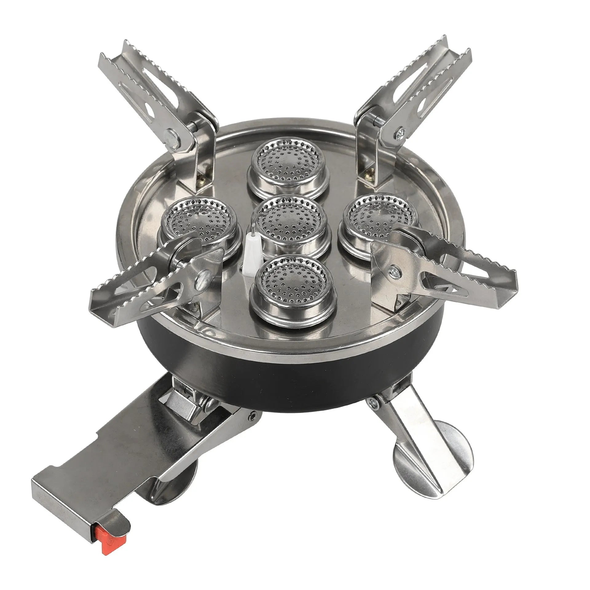 Silver portable split stove with stainless steel and copper construction for outdoor cooking