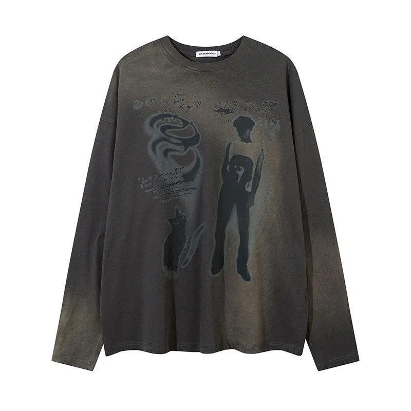 Women's loose long sleeve cotton pullover top with letter print and drop shoulders in dark grey.