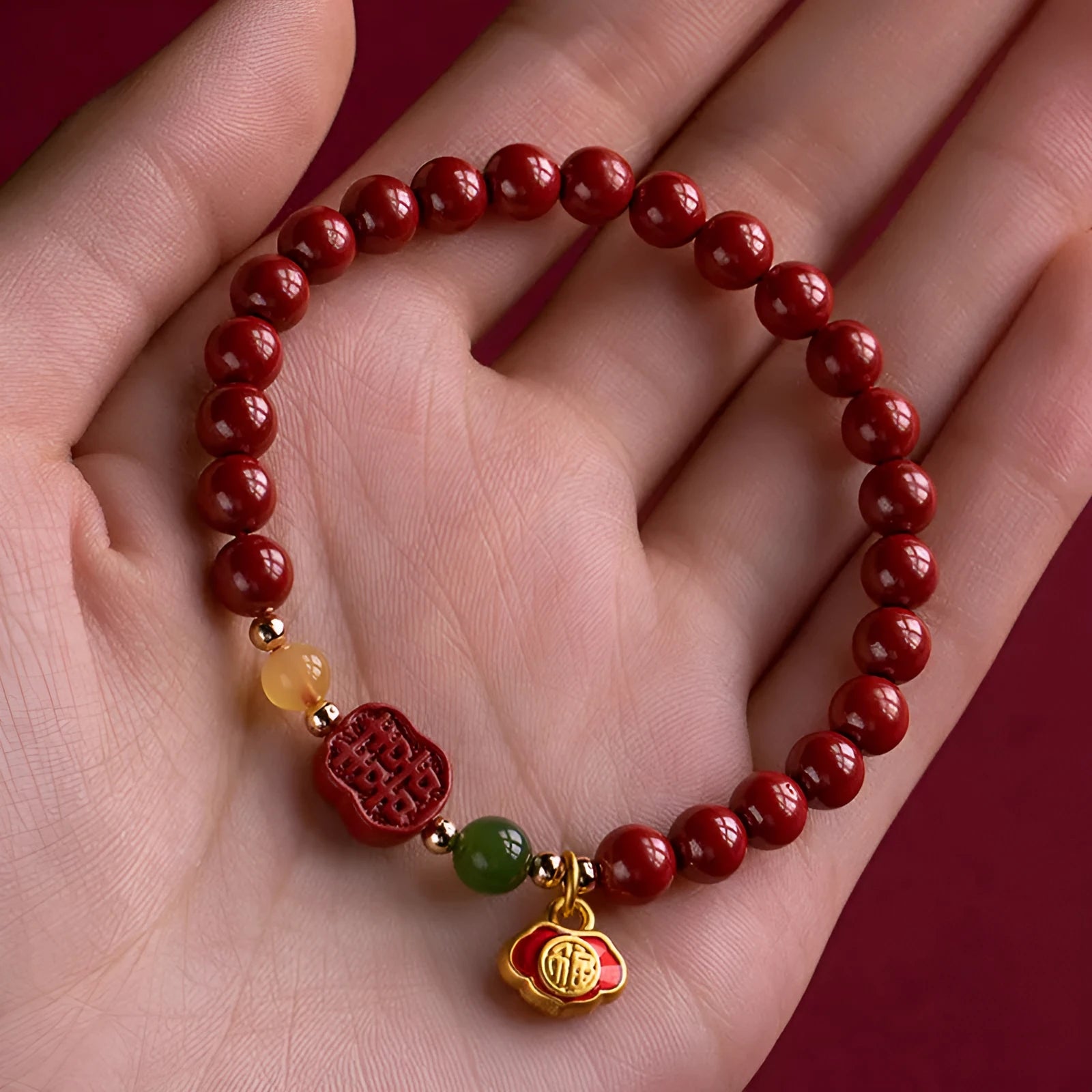 Emperor Sandstone colour cinnabar bracelet with Fu character, showing 6mm and 8mm bead size options.