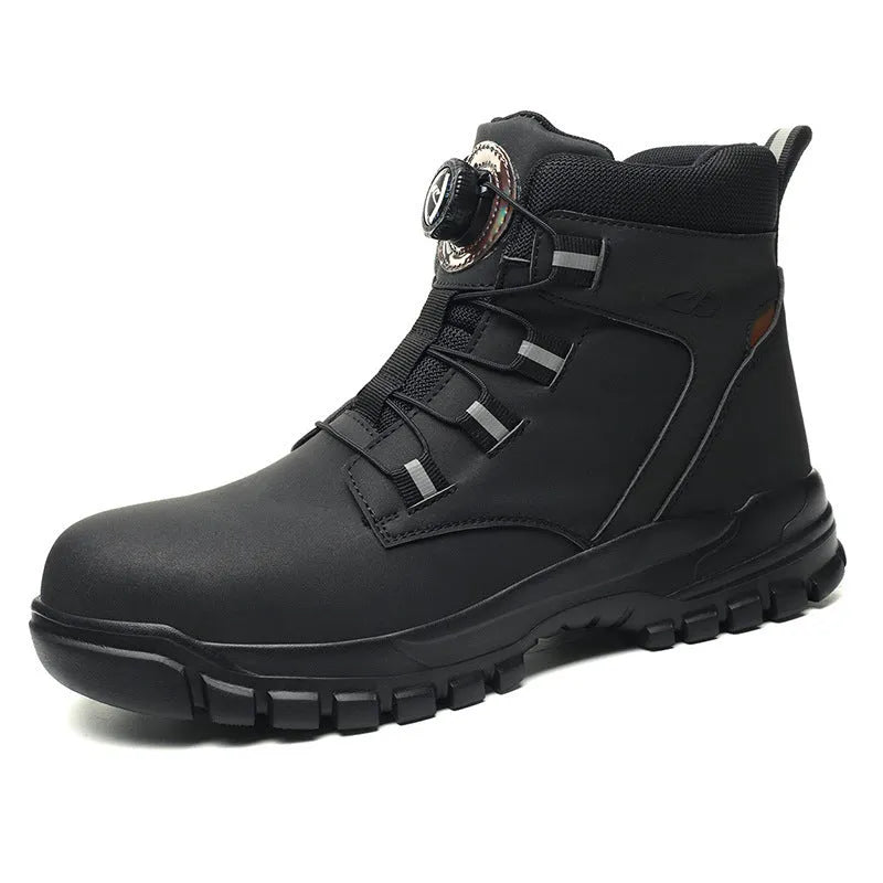 Men's lightweight black leather labour protection shoes with rubber sole, shown on a work site background.