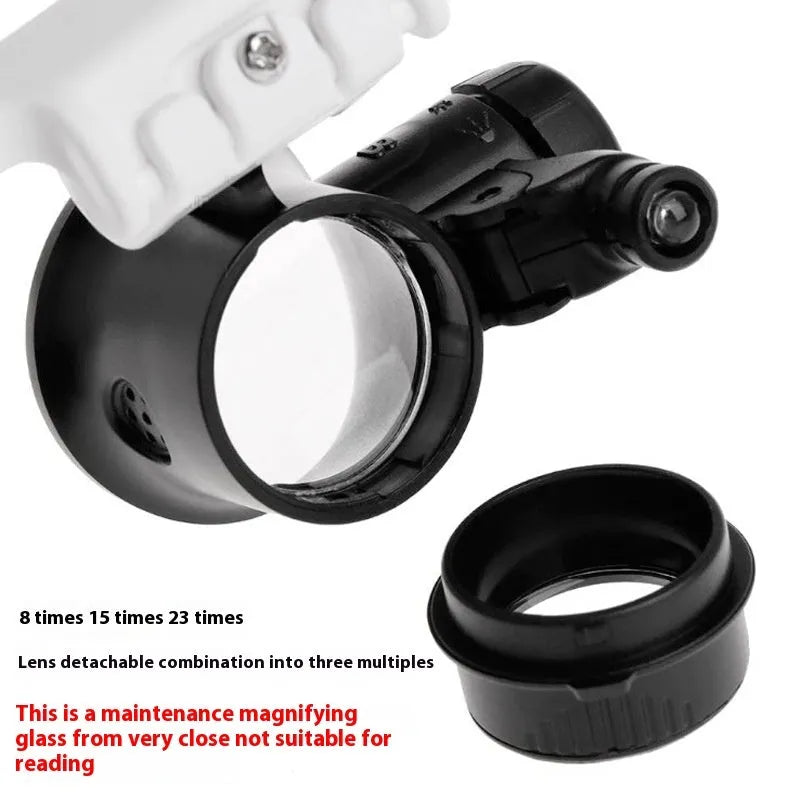 White head mounted magnifying glass with illuminated loupe for clock and electronic repair work.