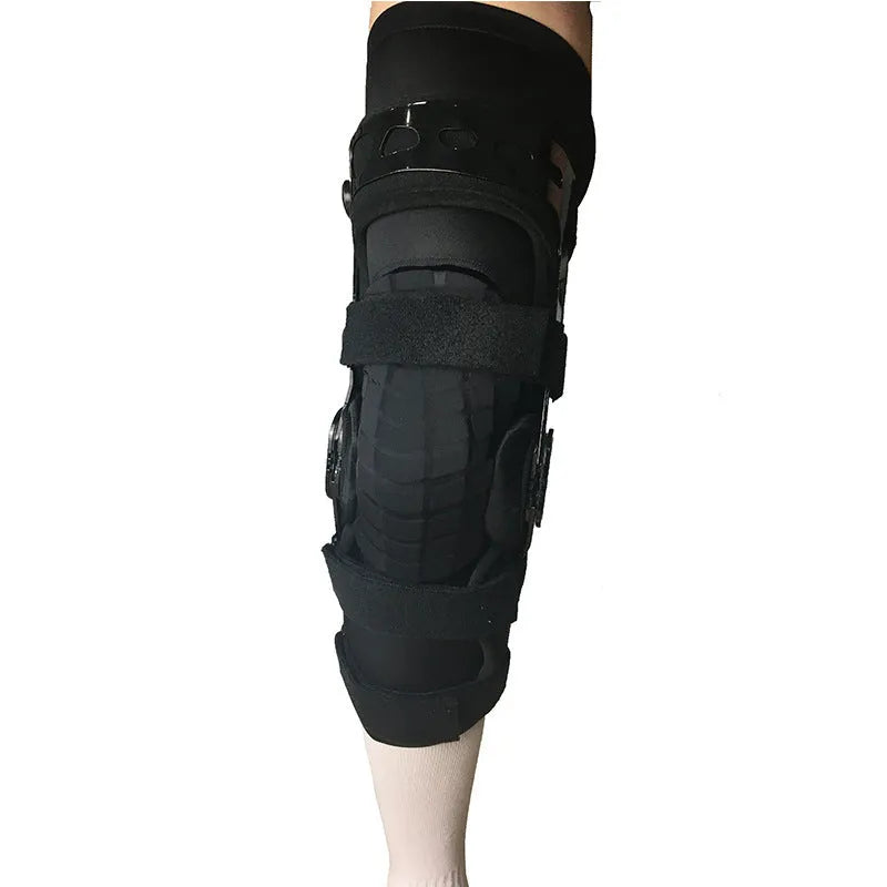 Black anterior ligament knee support brace with visible hinges, shown in various size options.