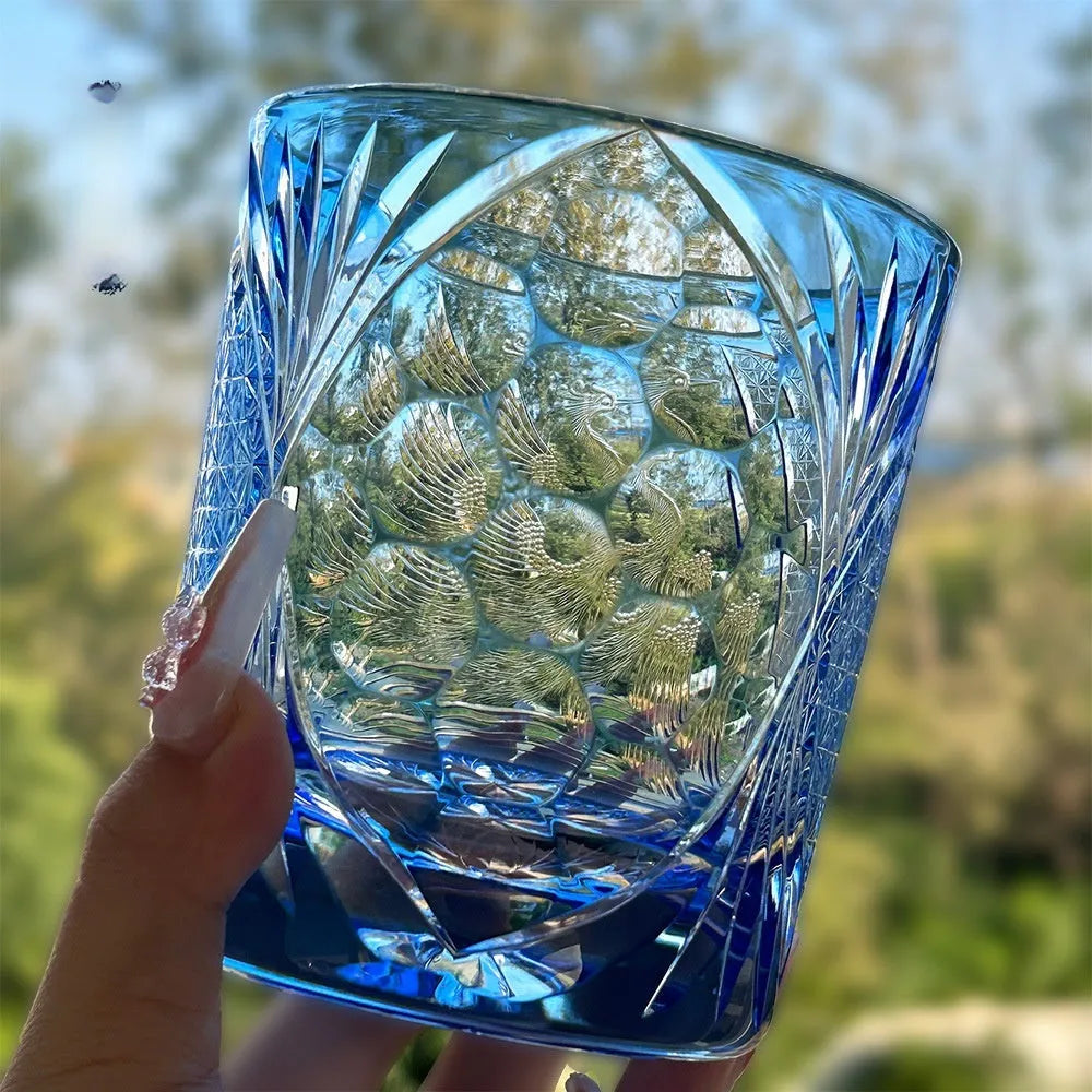 Hand carved crystal whiskey shot glass sky blue colour crane design 90x100mm