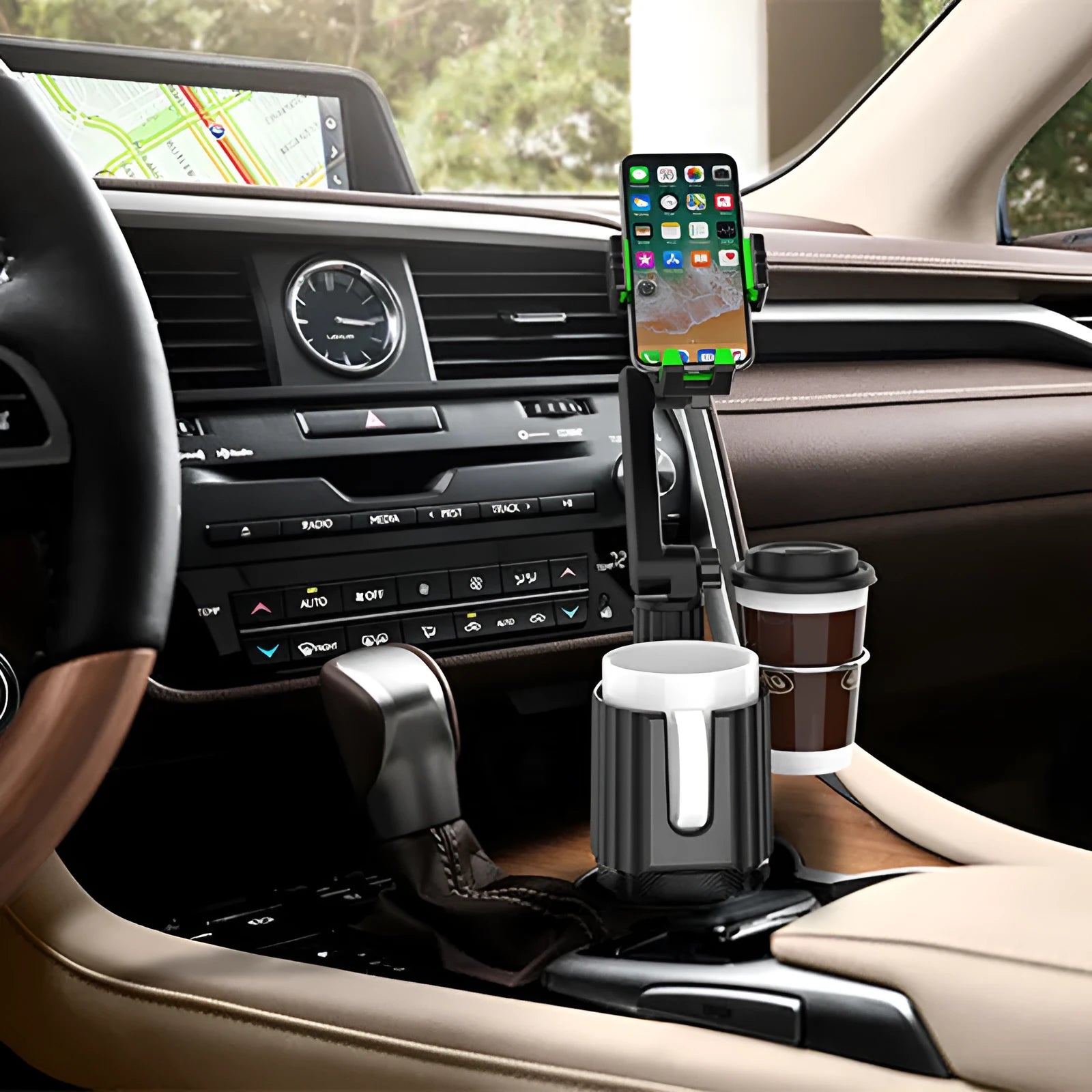 Car drink rack with kettle holder and mobile phone storage in green colour made from ABS PC materials