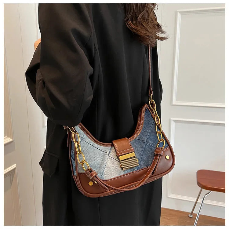 Brown denim women's shoulder bag with diamond mesh detailing and chain accents
